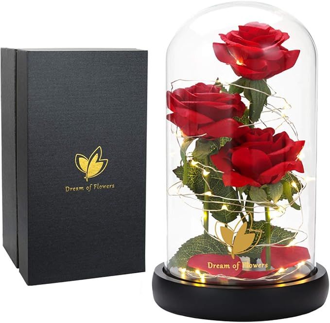 Silk Rose Flowers In Glass Dome