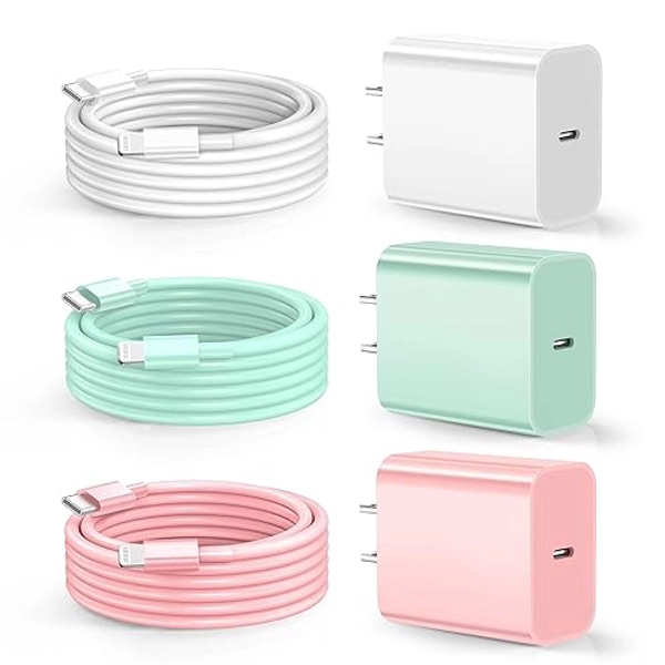Dayaoncy Compatible with iPhone Charger Fast Charging, 20W USB C Wall Charger with 3Pack 10FT USB C to Lightning Cable, Phone Cable Fast Charging Compatible withi Phone 14/13/12/12 Pro Max/11 - 3Pack 10ft - White Pink Lightgreen