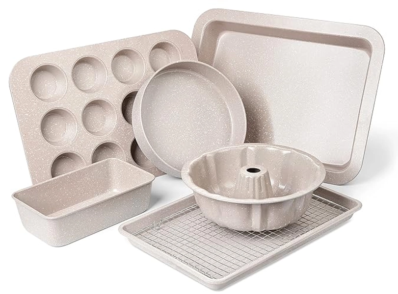 RIOVARM Granit Antihaft Backformen Set 7 PCS-Backformen-Sets Backbleche für Backofen Backen Set Backblech Kuchenform Laib Pfanne Brotbackform Muffinform Cupcake-Blech Bratpfanne Bäckereibedarf - Beige Granit Backformen Set