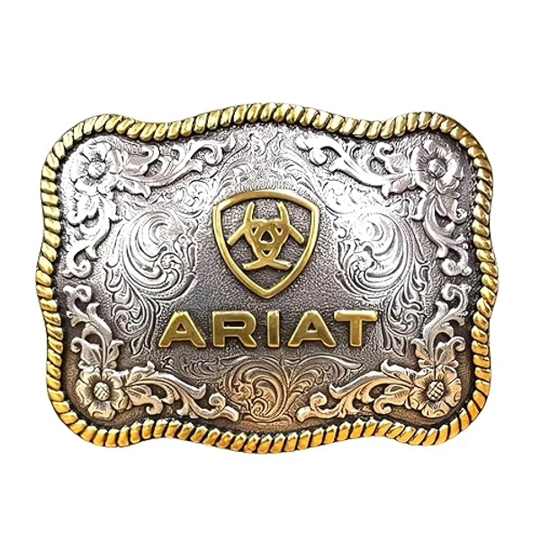 ARIAT Large Scalloped Shape Buckle with Logo, Floral and Scroll Detail, Twisted Rope Trim, 3.75"x 2.75" - A37007