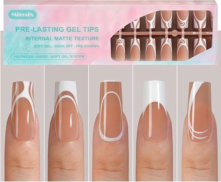 Misssix French Gel Nail Tips, 150Pcs French Tip Press on Nails Long Square Design, No Need to File Tips Pre-lasting, Fake Nails for Nail Art DIY 15 Sizes
