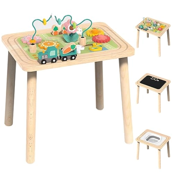 Himold Activity Table for Kids 6-36 Months, 9 in 1 Wooden Montessori Toys with Bead Maze Shape Sorter Train Toy, Baby Sensory Table Toddler Toys 1st Birthday Gifts for Kids