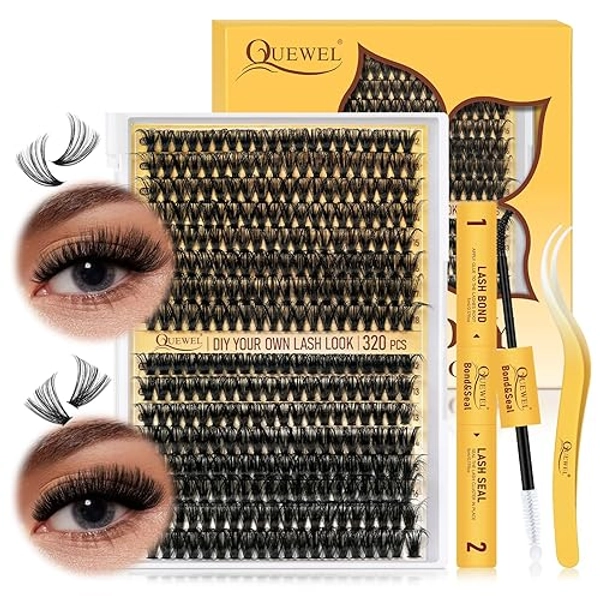 QUEWEL DIY Lash Extension Kit, 320Pcs 60D+80D Lash Clusters Kit Mix 12-18mm Fluffy Eyelash Clusters with Lash Bond and Seal and Lash Tweezers Easily Create Fluffy Lashes Clusters at Home (60+80D Kit)