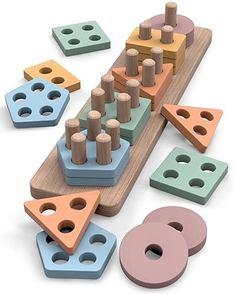 GOPO TOYS Montessori Toys for 18+ Months Old - Toddlers Wooden Sorting and Stacking Toys for Baby Boys and Girls - Shape Sorter and Color Stacker Preschool Kids Wood Gifts - Style A