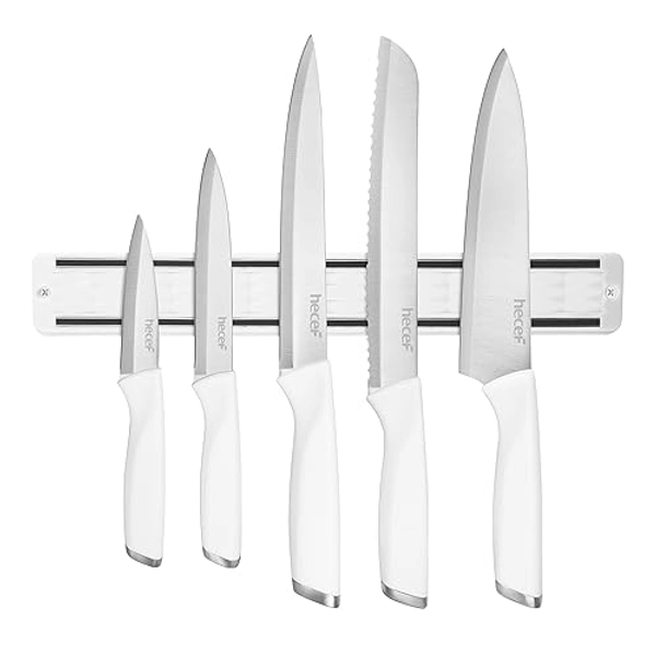 hecef Messerset mit Messerhalter Magnetisch, 5 tlg Scharfe Küchenmesser Set mit 33cm Messer Magnetleiste für die Wand, Edelstahl Kochmesser Set zum Schneiden von Fleisch und Gemüse, Weiß - Weiß