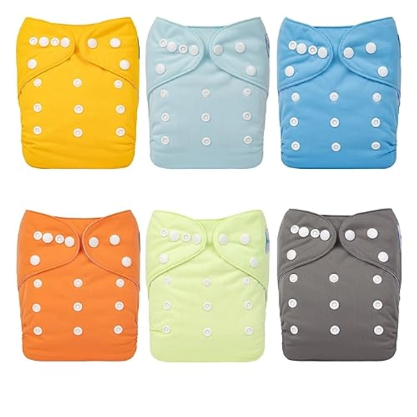 babygoal Reusable Cloth Diapers 6 Pack+6pcs Rayon from Bamboo Inserts+Wet Bag, One Size Adjustable Washable Pocket Nappy Covers for Baby Boys 6FB42 - Pure Color 01