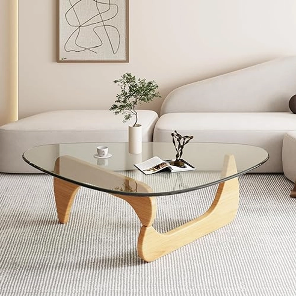 Triangle Glass Coffee Table-Mid-Century Modern End Table Solid Wood Base and Vintage Tempered Transparent Glass Top Coffee Tables Living Room Balcony (Raw Wood/Transparent, Medium 35.8 * 25.5 * 16in) - Raw Wood/Transparent - 36*25.6*16
