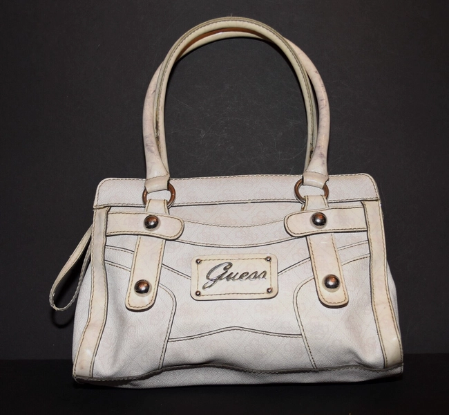 Guess Beige Faux Leather w Faux Patent Leather Strap &amp; Trim Studded Shoulder Bag