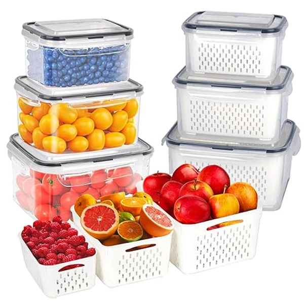 FINEW Frischhaltedosen mit Deckel 18er-Pack (6 Behälter, 6 Siebe, 6 Deckel) Kühlschrank Organizer BPA-frei, Luftdicht Vorratsdosen Behälter für Lebensmittel, Auslaufsicher Küche Aufbewahrungsboxen Set - Frischhaltedosen mit Deckel 6 Größen