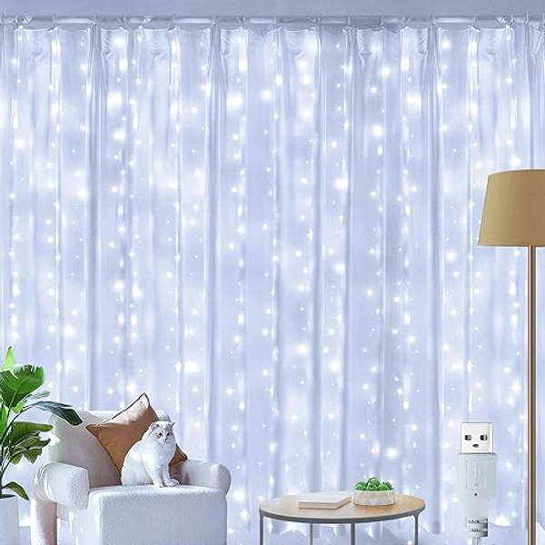 Ollny Christmas Fairy Lights Curtain 300 LED 9.8ftx9.8ft, USB IP44 Waterproof Flexible Led Curtain Lights with Hooks for Christmas House Indoor Room Wedding Party Outdoor Backdrop Decor (Cool White)