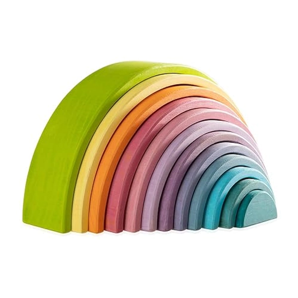 MERRYHEART Wooden Rainbow Stacking Toy, 12 Piece Wooden Rainbow Stacker, Extra Large Rainbow Stacking Toy, Nesting Puzzle Building Blocks Educational Toys for Kids Toddlers - Macaron-blocks