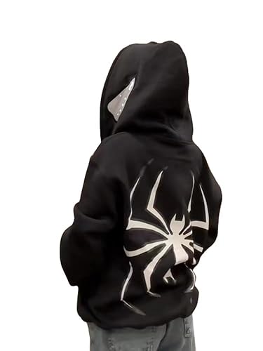 ZENMANCHEN Y2k Hoodie Men Spider Full Zip Hoodie Spiderman Jacket Hip Hop Aesthetic Graphic Hoodies Gothic Emo Grunge Hoodie - Small - Black