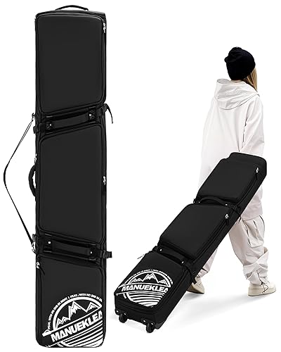 MANUEKLEAR Rolling Ski Travel Bag Holds Skis from 170-190 cm, Durable & Waterproof Snowboard Bag with Wheels, Foldable Double Ski Bag with Soft Padded and Detachable Shoulder Straps - Black