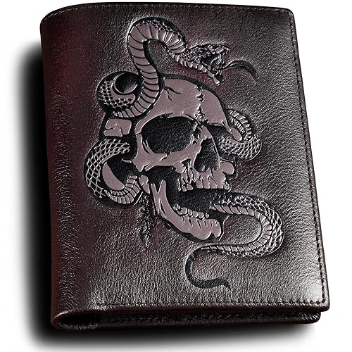 skneephate Skull Wallets For Men,Cool Mens Wallet Leather,Vertical Bifold RFID Blocking Wallets,Gifts for Him Husband and Boyfriend Gift (Coffee) - Coffee