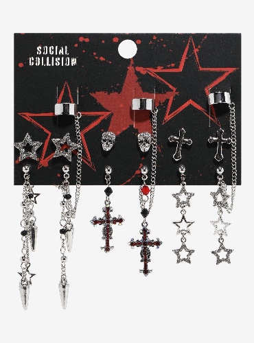 Social Collision Star Cross Skull Bling Cuff Earring Set
