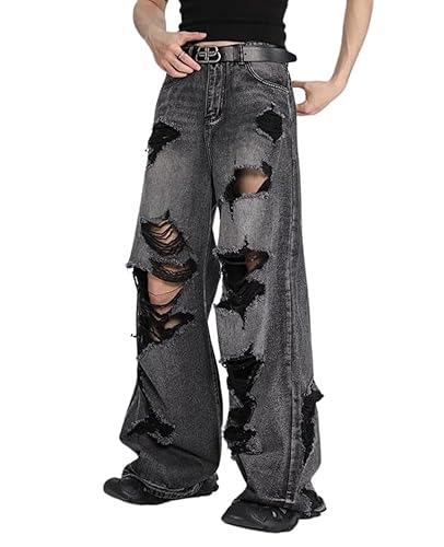 Lafaguw Baggy Jeans for Women Men Ripped Straight Leg Pants High Waisted Distressed Jeans Y2K Grunge Summer Clothes. - Medium - Black3