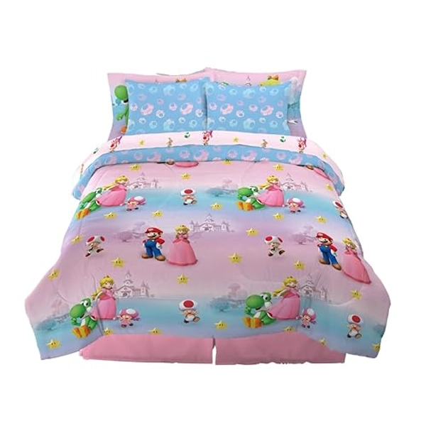 Franco Super Mario Girl Princess Peach Girl Gamer Kids Bedding Super Soft & Cozy Reversible Microfiber Comforter and Sheet Set with Sham, 7 Piece Full Size, (Officially Licensed Product)