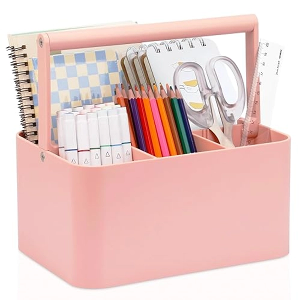 LAFARA Multipurpose Caddy Organizer with Handle and Adjustable Divider, Portable Art Supply Storage Organizer for Art Craft Supplies, Dorm, Classroom, Office, Bathroom, Shower, Cleaning, Makeup (Pink) - Pink