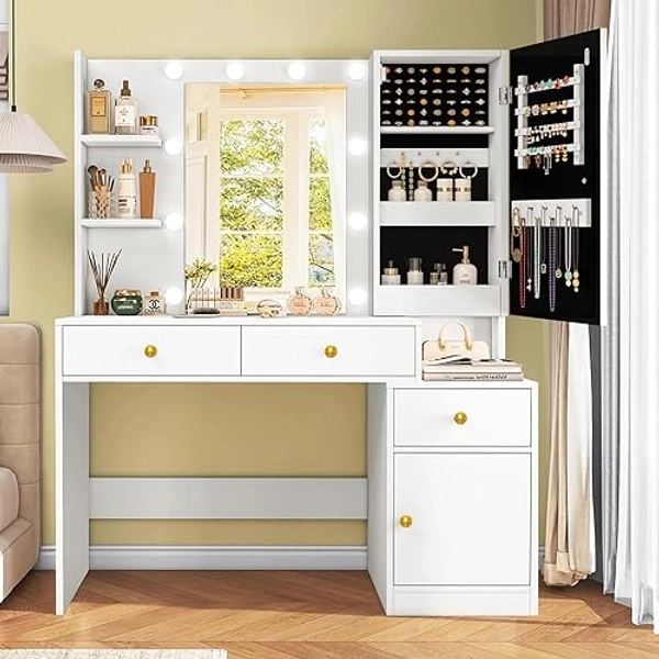 FIONESO Makeup Vanity Desk with Mirror and Lights, Vanity Desk with Jewelry Cabinet, Makeup Vanity Table with 2 Shelves & 2 Cabinets & 3 Drawers, Women, Girls, for Bedroom, White - White