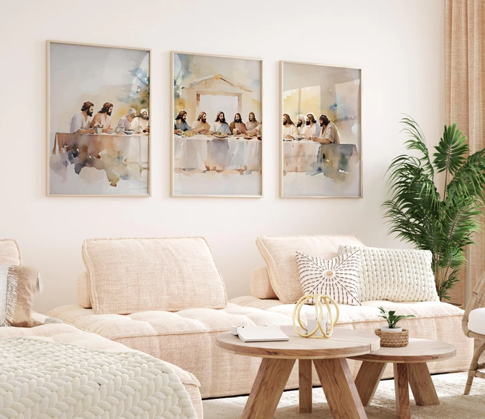 Eupfora Last Supper Watercolor Canvas Poster Set of 3, Christian Faith Sign Print, Bible Renaissance Oil Painting, Minimalist Abstract Art