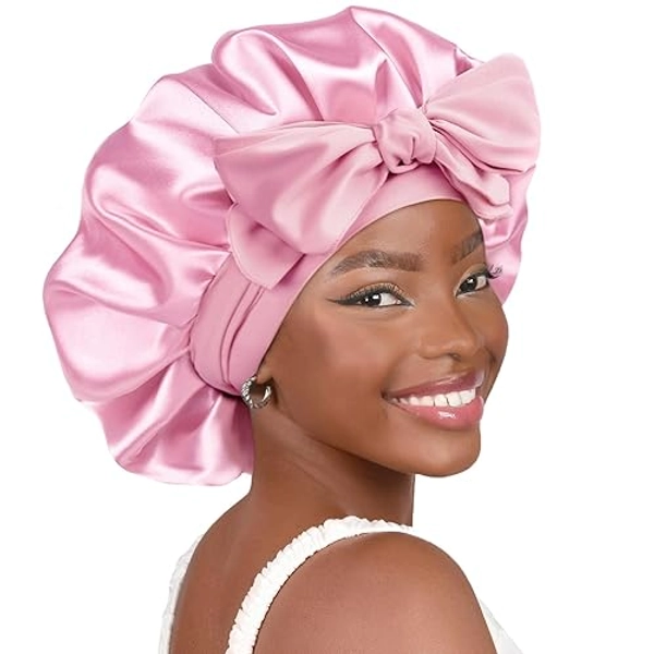 YANIBEST Silk Bonnet for Sleeping Women Satin Bonnet Double Layer Satin Lined Hair Bonnet with Tie Band Curly Hair - Large - Pink
