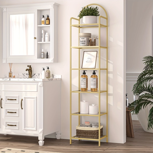 6 Tier Golden Steel Frame Slim Shelving Unit, Tempered Glass Bookcase Bookshelf for Bedroom, Bathroom, Home Office
