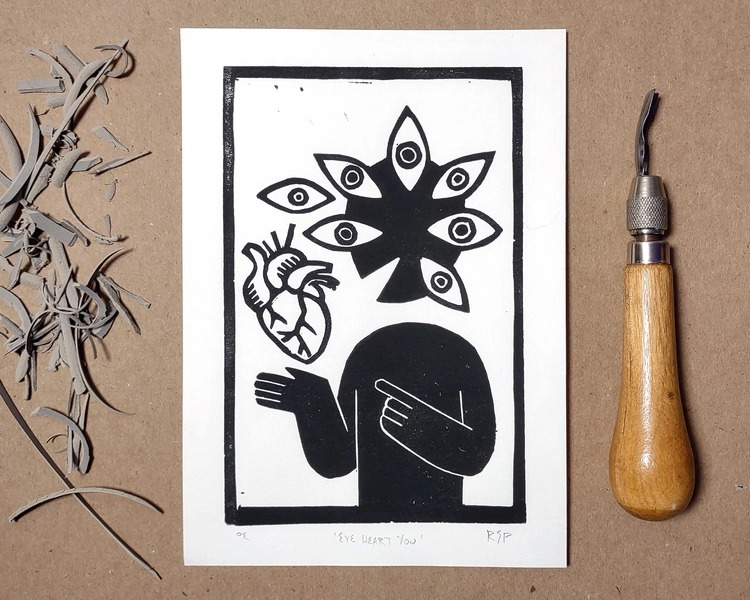 Linocut print | Eye Heart You  | original handmade block print weird wall art