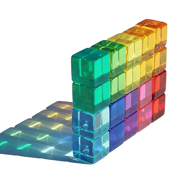 Candywood Rainbow Acrylic Gem Cubes Blocks Children Educational Sensory Training Crystal Toys Baby Learn Color Light Shadow Stacking Toys (20-Pcs) - 20-Pcs