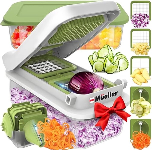 Mueller Pro-Series V Blade Veggie Chopper, Egg Slicer, Spiralizer, Dicer, Cutter, Food Chopper, Gifts for Mom, Kitchen Accessories & Kitchen Essentials with Food Container and Lid White Sand/Green