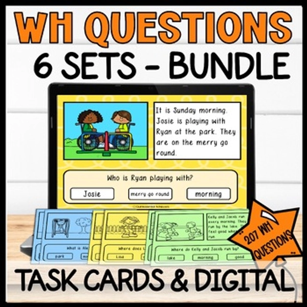 WH Questions Short Passages Task Cards | Reading Picture Comprehension Bundle