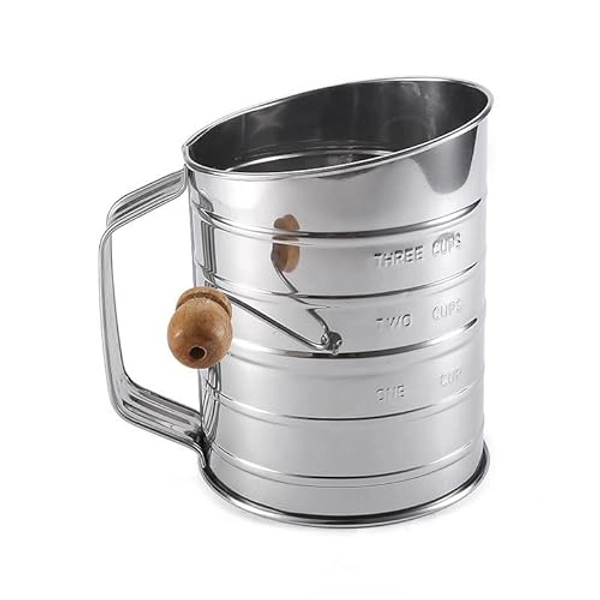 Zemensha Stainless Steel 3 Cups Flour Sifter for baking | Rotary Hand Crank Powdered sugar shaker and flour duster|