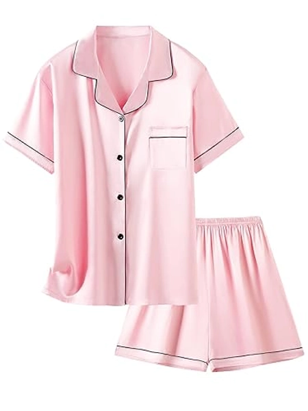 Schbbbta Girls Womens Pajamas, Satin Silky Pjs Set Kids 2Pcs Button-Down Nightwear Sleepwear Gift for Mommy and me - Women - X-Small - Bright Pink
