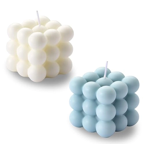 Bubble Candle - Cube Soy Wax Candles, Home Decor Candle, Scented Candle Set 2 Pieces, Home Use and Gifting - White+Blue