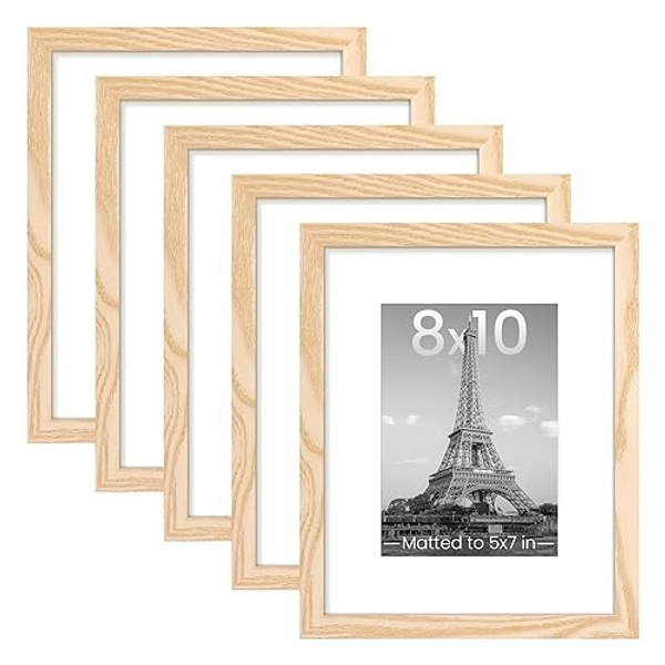 upsimples 8x10 Picture Frame Set of 5, Display Pictures 5x7 with Mat or 8 x 10 Without, Wall Gallery Photo Frames, Natural - Natural - 8x10