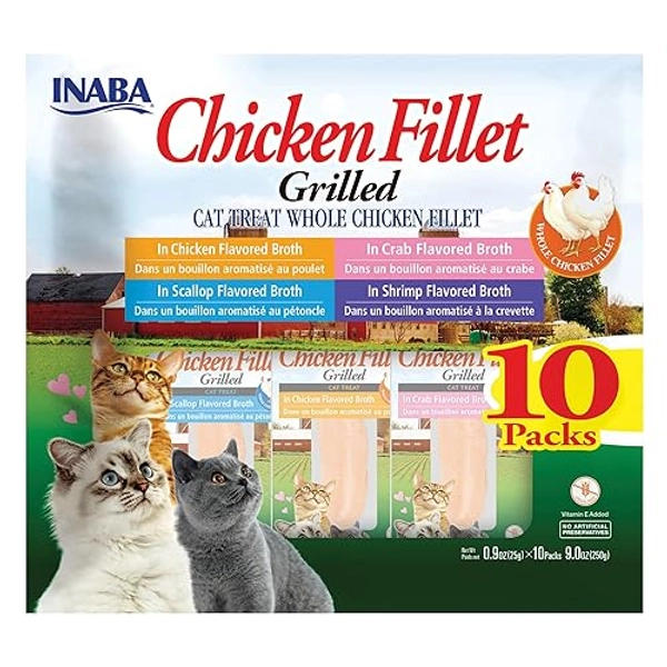 INABA Natural, Premium Hand-Cut Grilled Chicken Fillet Cat Treats/Topper/Complement with Vitamin E and Green Tea Extract, 0.9 Ounces Each, 10 Pack, Variety Pack