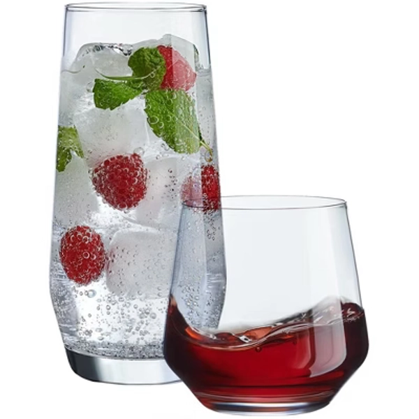 Le'raze Set of 8 Heavy Base Drinking Glasses - 4 Highball Cooler Glasses (18oz), and 4 Stemless DOF Rocks Wine Glasses (12oz).