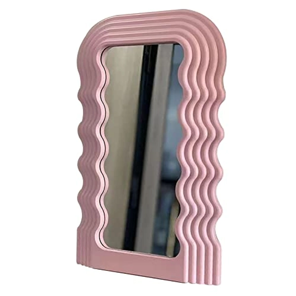 Desktop Vanity Mirror, Wavy Frame, Glass Silver Mirror Makeup Mirror, Wall Mirror with Hook, 25x42cm, Artistic Style Decorative Mirror, Shaving Mirror, 7 Colours Available - 25x42cm(9.84inch*16.5inch) - Pink