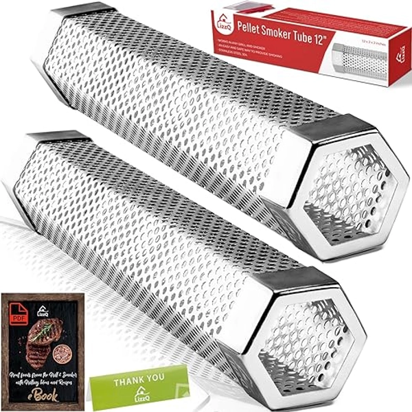 LIZZQ Premium Pellet Smoker Tube 12" (Set of 2) - 5 Hours of Billowing Smoke, Hot or Cold Smoking, for Any Grill or Smoker, An Easy and Safe Way to Provide Smoking, Free eBook Grilling Ideas & Recipes - Set of 2 Smoker Tubes