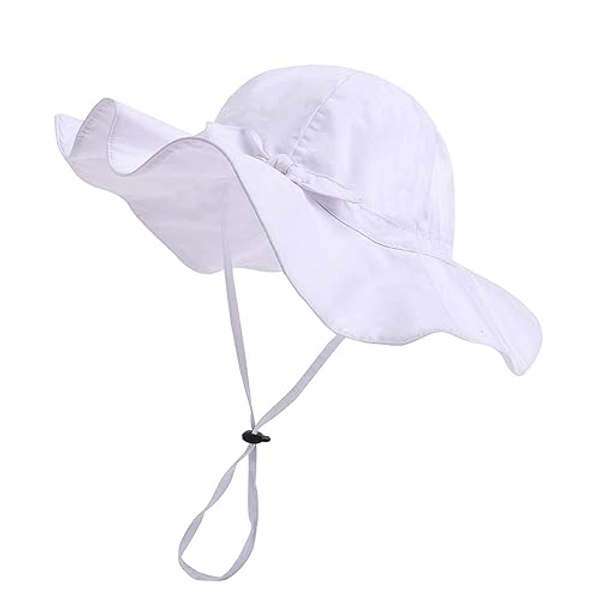 Baby Girl Sun Hat with UPF 50+ Outdoor Adjustable Beach Hat with Wide Brim Bucket Hats - 6-12 Months - White