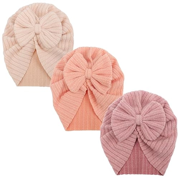 AQOKKA 3 Pcs Newborn Baby Turban Hats Big Bow Baby Girl Hats Infant Beanie Warm Toddler Cap for Baby Girls Kids 3-12 Month - One Size - 3 Pcs Striped Bow Hats G/ 0-12 Months