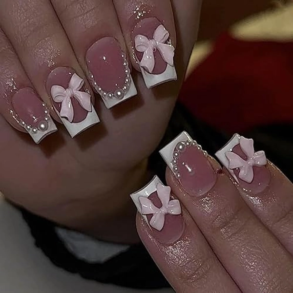 Short Press On Square Fake Nails - White French Tip, Pink Acrylic, Pearl Bow Charms Design - Glue On, Glossy Full Cover Stick On Nails - 24 Pcs - Pink - 1 Fl Oz (Pack of 1)