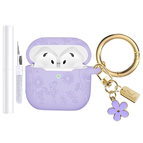 AIIEKZ Flower Engraved Case for AirPods 4, Soft Silicone Case with Cute Flower Keychain and Cleaning Kit (Lavender Purple) - Lavender purple