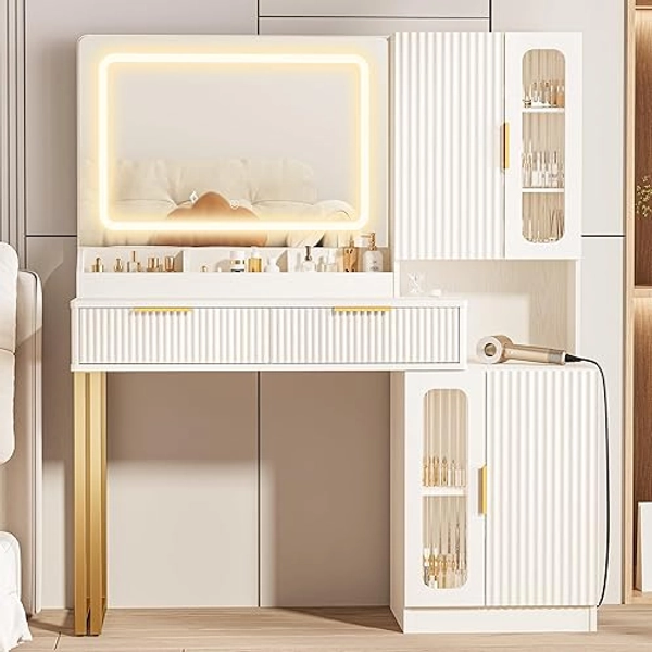 INNOD 45" Fluted Makeup Vanity Desk with Mirror and Lights, Makeup Desk with 5 Shelves& 2 Storage Cabinet, Vanity Table with Power Outlet, 3 Color Adjustable Lighting Dressing Table Set for Bedroom - White Vanity with Power Strip