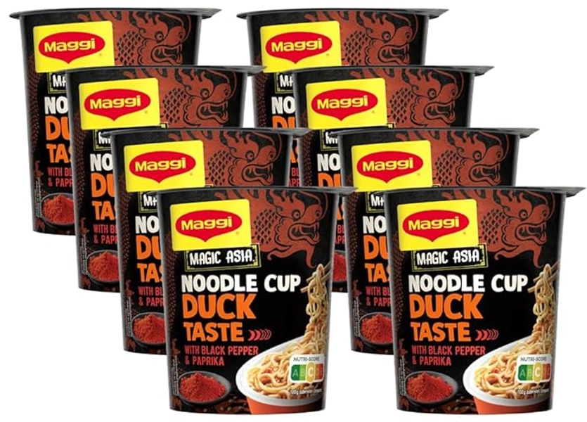 MAGGI Magic Asia Noodle Cup Duck, Instant-Nudeln mit Enten-Geschmack, leckeres Fertiggericht im praktischen Becher, mit Gemüse verfeinert, 8er Pack (8x63g) - Duck - Single
