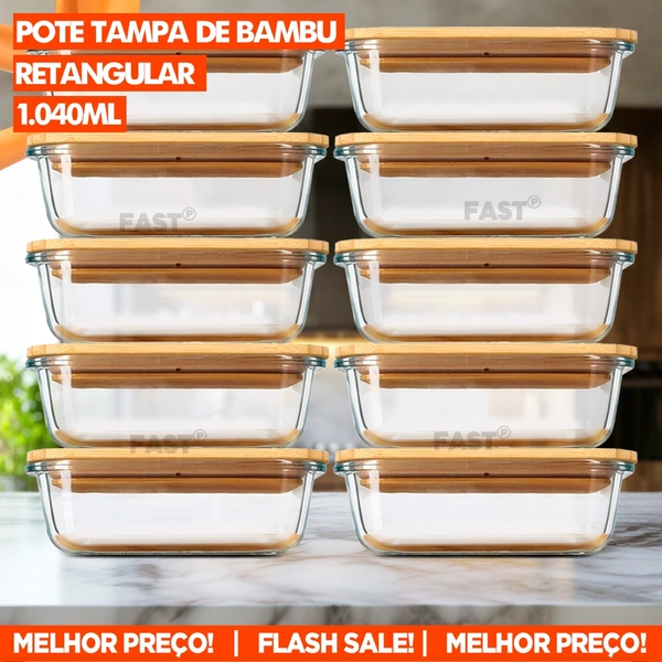 Kit 10 Potes de Vidro 1.040ml Com Tampa de Bambu Alta Vedação de Silicone Pote Vai ao Forno Micro-ondas Freezer Marmita