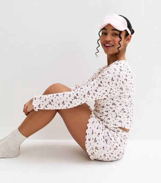 Girls White Ditsy Print Long Sleeve Ribbed Top and Short Pyjama Set