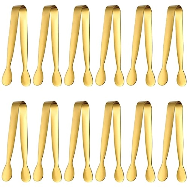 Eiszangen Set,12 Stück,Servierzange Edelstahl Eiszange Set,Candybar Zangen,Salatzange Gebäckzange Süßigkeiten Candy Clip,für Hochzeit Party Bar Büfett Grill Picknick(Gold)