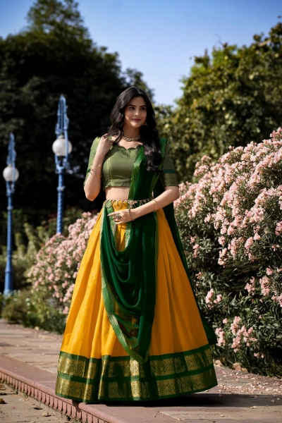 Kanchipuram Silk Lehenga Choli in Yellow Color