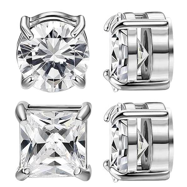 NEWITIN 2 Pairs Stainless Steel Magnetic Stud Earrings for Men Magnetic Earrings Men Clip on Earrings Non Piercing Earrings Unisex CZ Magnetic Earrings Diamond Earrings for Women Men
