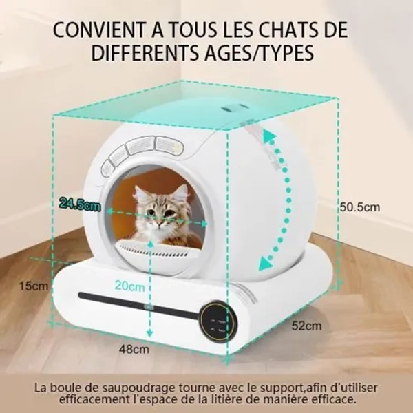 Bac à litière autonettoyant adaptatif 65 L, Maison de toilette automatique, adapté à de nombreux types de litière, contrôlé par APP